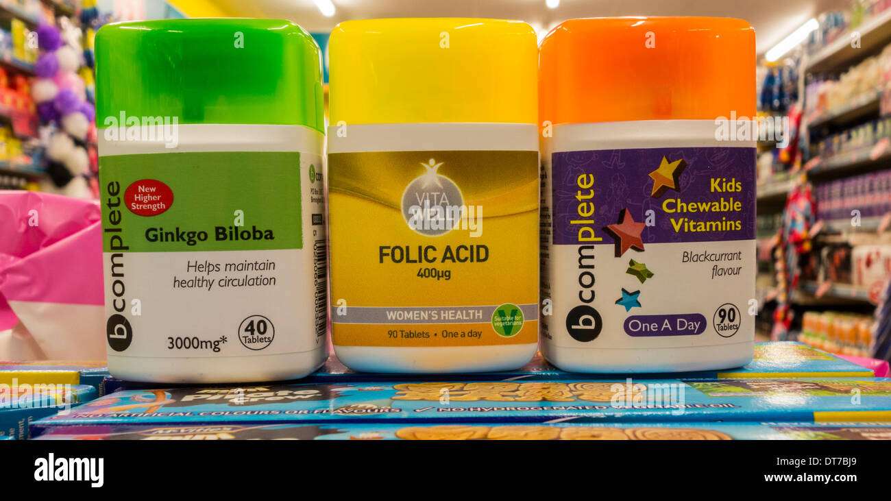 Poundland`s own brand vitamin supplements. Poundland store, UK Stock Photo, Royalty Free Image